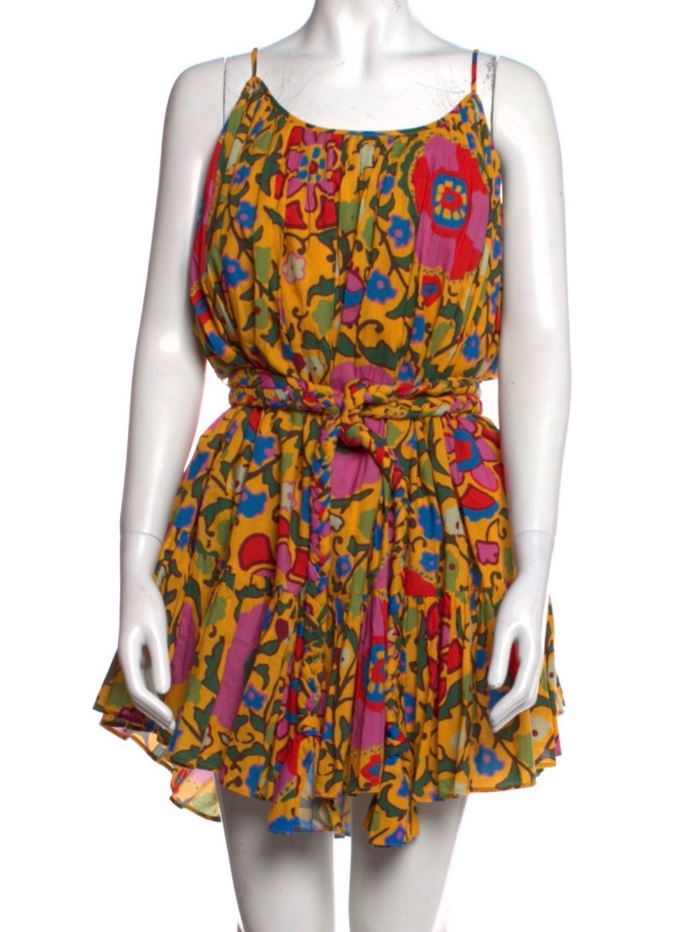 Rhode: Yellow Floral Print Spaghetti Strap Mini Dress